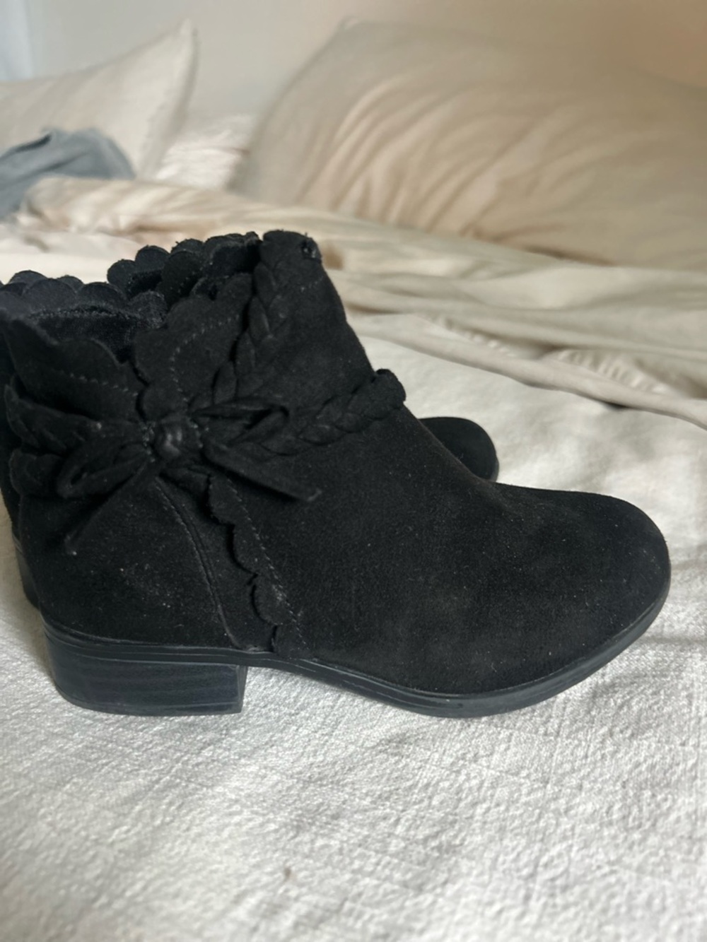 Black Suede Scalloped Ankle Boots - girls